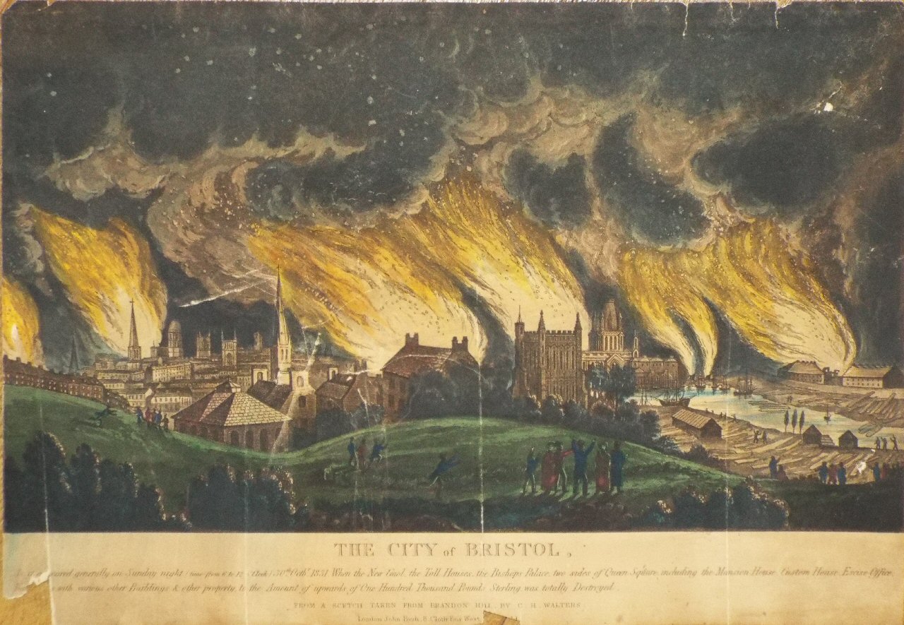 Aquatint - The City of Bristol. As it appeared on Sunday night (time from 6 to 12 o'Clock) 30th Octbr 1831.From a Scetch Taken from Brandon Hill, by C. H. Walters.